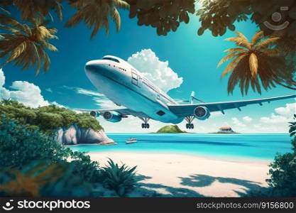 Airplane flying above tropical sea beach , Theme of travel in summer trip , Vacation weekend and tourism , Generate Ai