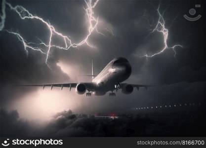 Airplane flying during storm, lightning strikes to passenger plane created by generative AI 