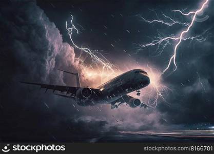 Airplane flying during storm, lightning strikes to passenger plane created by generative AI 