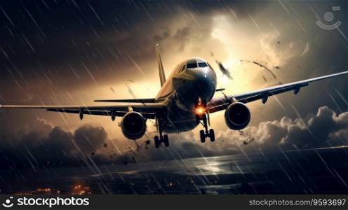 Airplane flying in the night sky in rain.