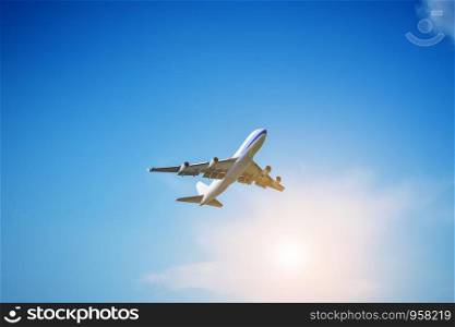 Airplane flying on blue sky background