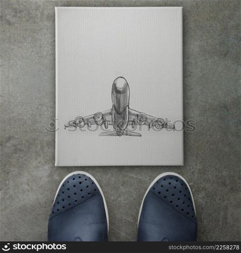 Airplane hand drawn on canvas board on front of business man feet as concept 