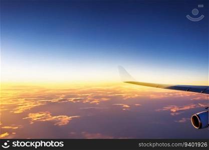 Airplane high in the sky above the clouds during sunset