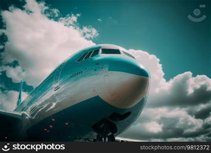 Airplane in blue sky. Illustration Generative AI