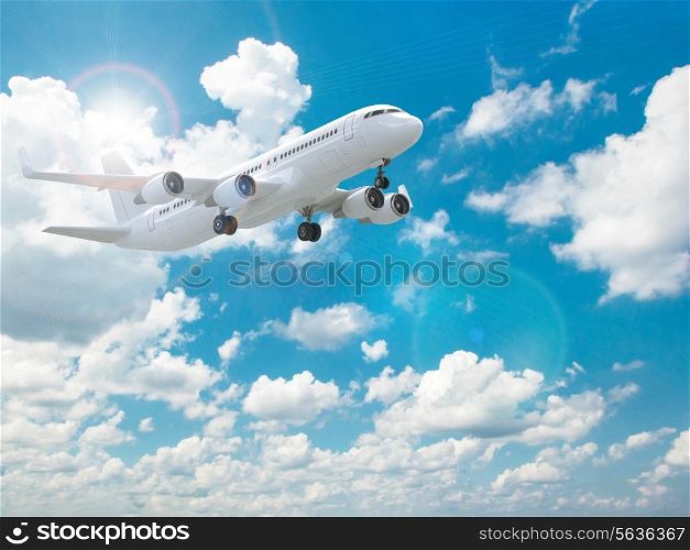 Airplane in the blue sky. Three-dimensional image. 3d
