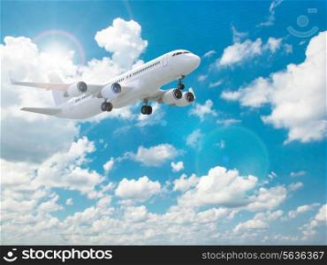 Airplane in the blue sky. Three-dimensional image. 3d