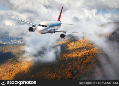 Airplane is flying in clouds over mountains with autumn forest at sunset. Landscape with passenger airplane, cloudy sky and trees. Passenger aircraft is landing. Business travel. Commercial plane