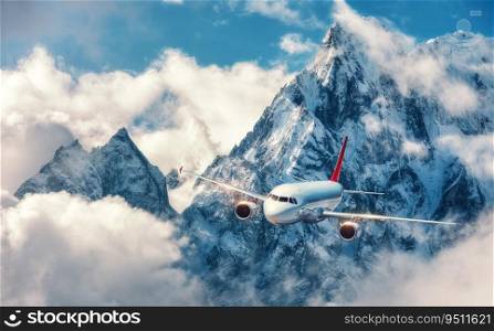 Airplane is flying over clouds against mountains with snowy peaks. Landscape. Passenger airplane, cloudy sky, high rocks in snow. Passenger aircraft. Business, commercial travel. Aerial view of plane