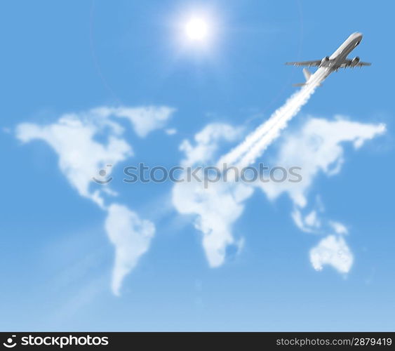 airplane is flying through the world map shaped clouds