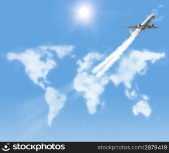 airplane is flying through the world map shaped clouds