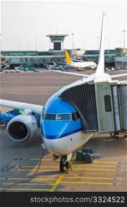 airplane is waiting for departure in schipol airport Amsterdam, Holand