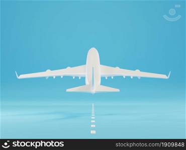 Airplane landing or taking off over ground on runway from the airport, Large jet plane takeoff on blue background, business travel flight concept, 3D rendering illustration