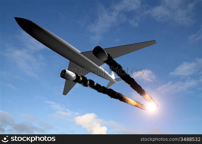 airplane on fire 3d in the sky