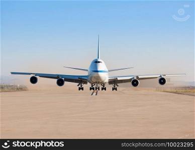 Airplane parking on an airport runway in sunny day . Elements of this image furnished by NASA