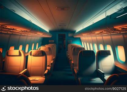 Airplane passenger cabin interior. Generative AI. High quality illustration. Airplane passenger cabin interior. Generative AI