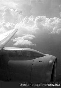airplane reactor sky view from aircraft black and white
