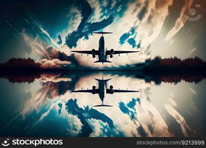 airplane soaring through sky, with reflection in the water below, created with generative ai. airplane soaring through sky, with reflection in the water below