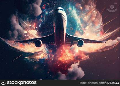 airplane surrounded by bursting fireworks, double exposure, created with generative ai. airplane surrounded by bursting fireworks, double exposure