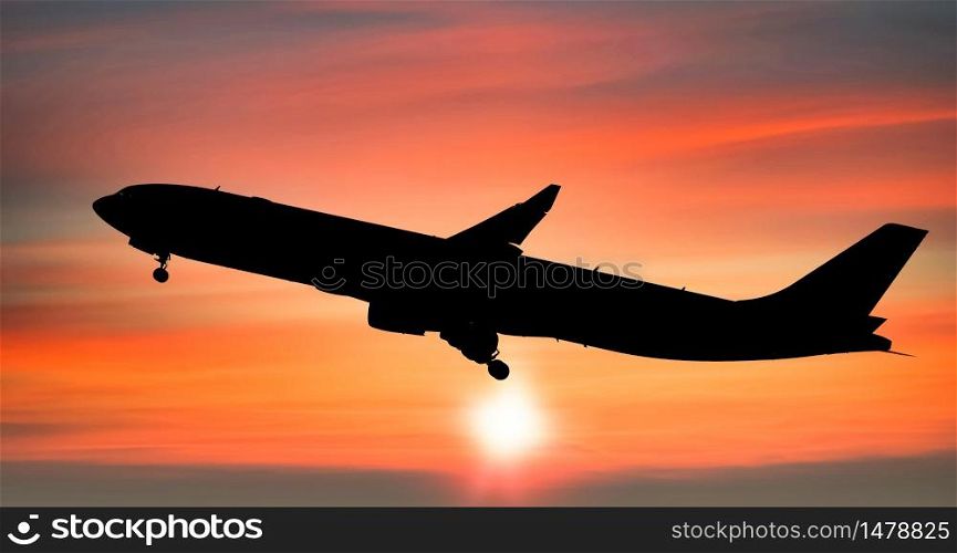 Airplane taking off after from the airport at sunset background, Silhouette of big passenger or cargo aircraft, airline, Business transportation banner or flyer for travel and vacation design concept.
