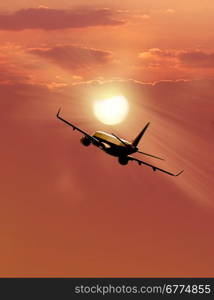 Airplane taking off at sunset. Silhouette of a big passenger or cargo aircraft,