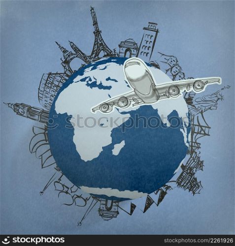 airplane traveling around the world as vintage styleconcept
