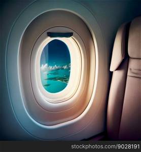 Airplane Window Porthole and Passenger Chair in Business Class. Generative AI. High quality illustration. Airplane Window Porthole and Passenger Chair in Business Class. Generative AI