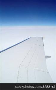 Airplane wing high in sky while flying.