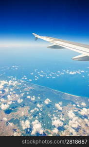 Airplane wing out of window