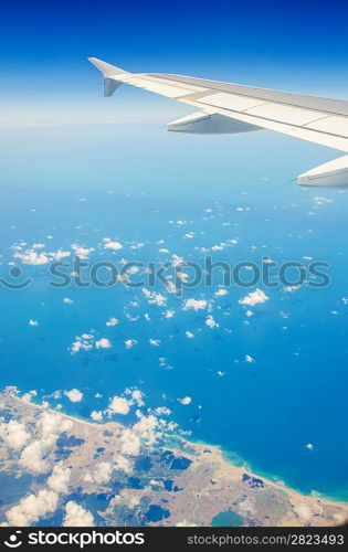 Airplane wing out of window