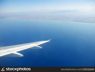 Airplane wing out of window