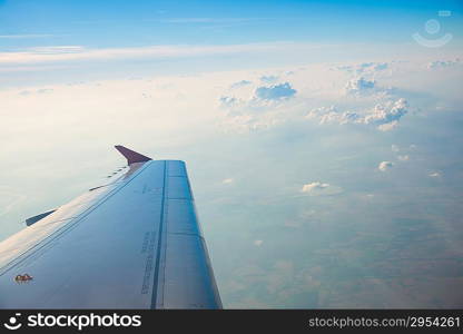 Airplane wing out of window