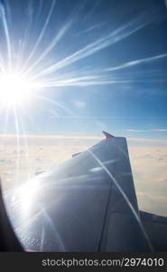 Airplane wing out of window