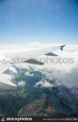 Airplane wing out of window