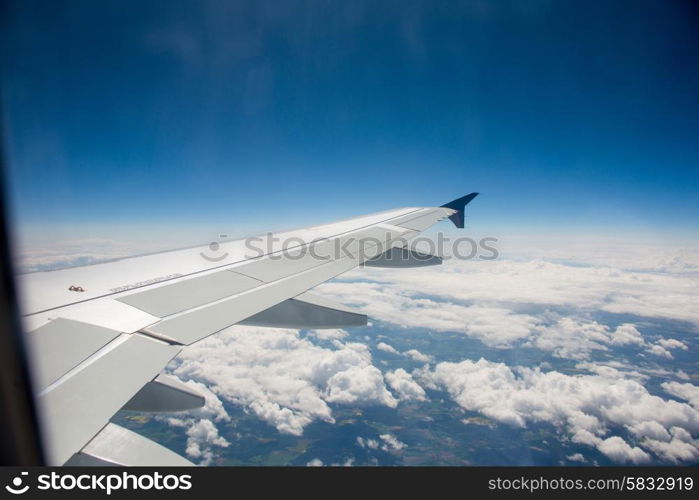 Airplane wing out of window