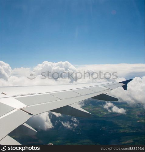 Airplane wing out of window