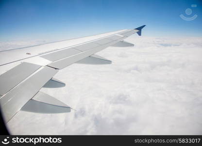 Airplane wing out of window