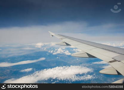 Airplane wing out of window