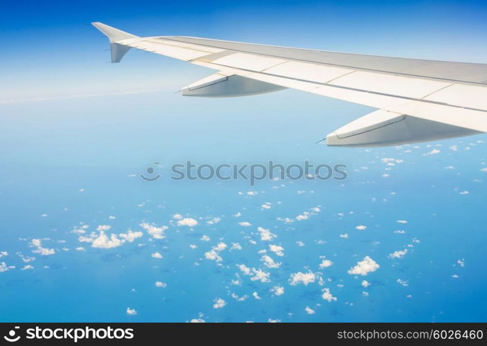 Airplane wing out of window