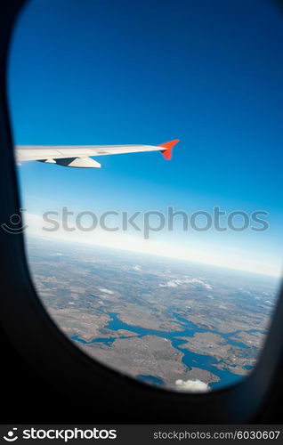 Airplane wing out of window