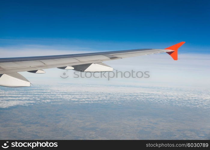 Airplane wing out of window