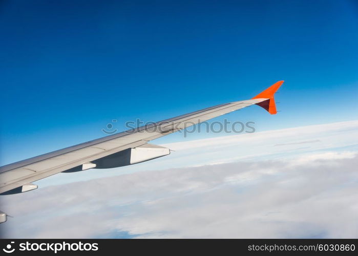 Airplane wing out of window