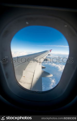 Airplane wing out of window