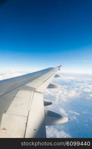 Airplane wing out of window