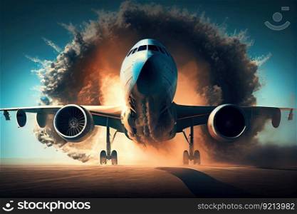 airplane, with jet engines firing and view of the sky in the background, created with generative ai. airplane, with jet engines firing and view of the sky in the background