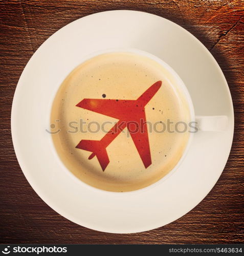 airport coffee cup. fresh espresso on table, view from above