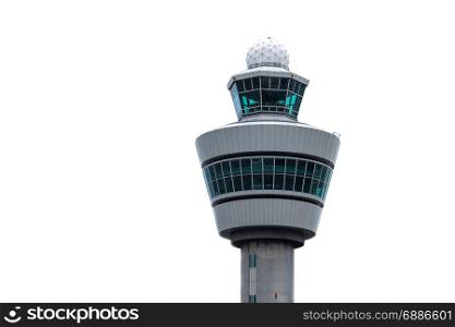 Airport control tower over white background