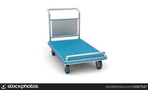 Airport luggage cart rotates on white background