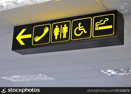 Airport toilet signs, yellow on black