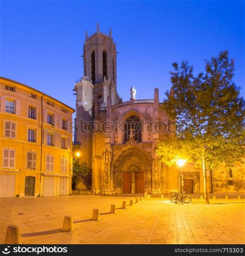 Aix Cathedral or Cathedral of the Holy Saviour of Aix-en-Provence at night, Provence, southern France. Aix Cathedral in Aix-en-Provence, France