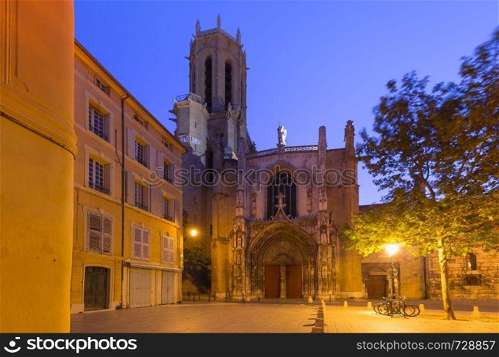 Aix Cathedral or Cathedral of the Holy Saviour of Aix-en-Provence at night, Provence, southern France. Aix Cathedral in Aix-en-Provence, France